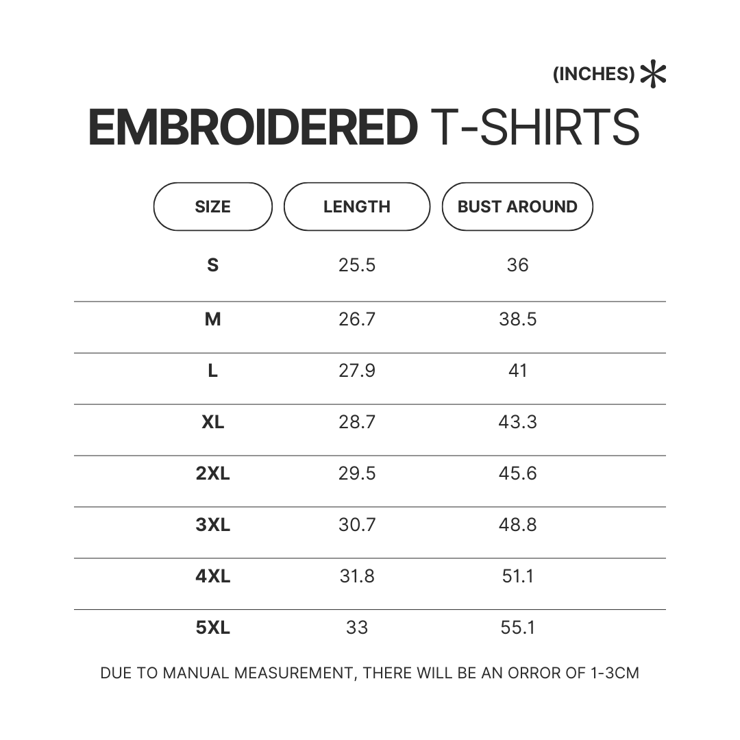 Embroidered T shirt Size Chart - Shiba Inu Gifts